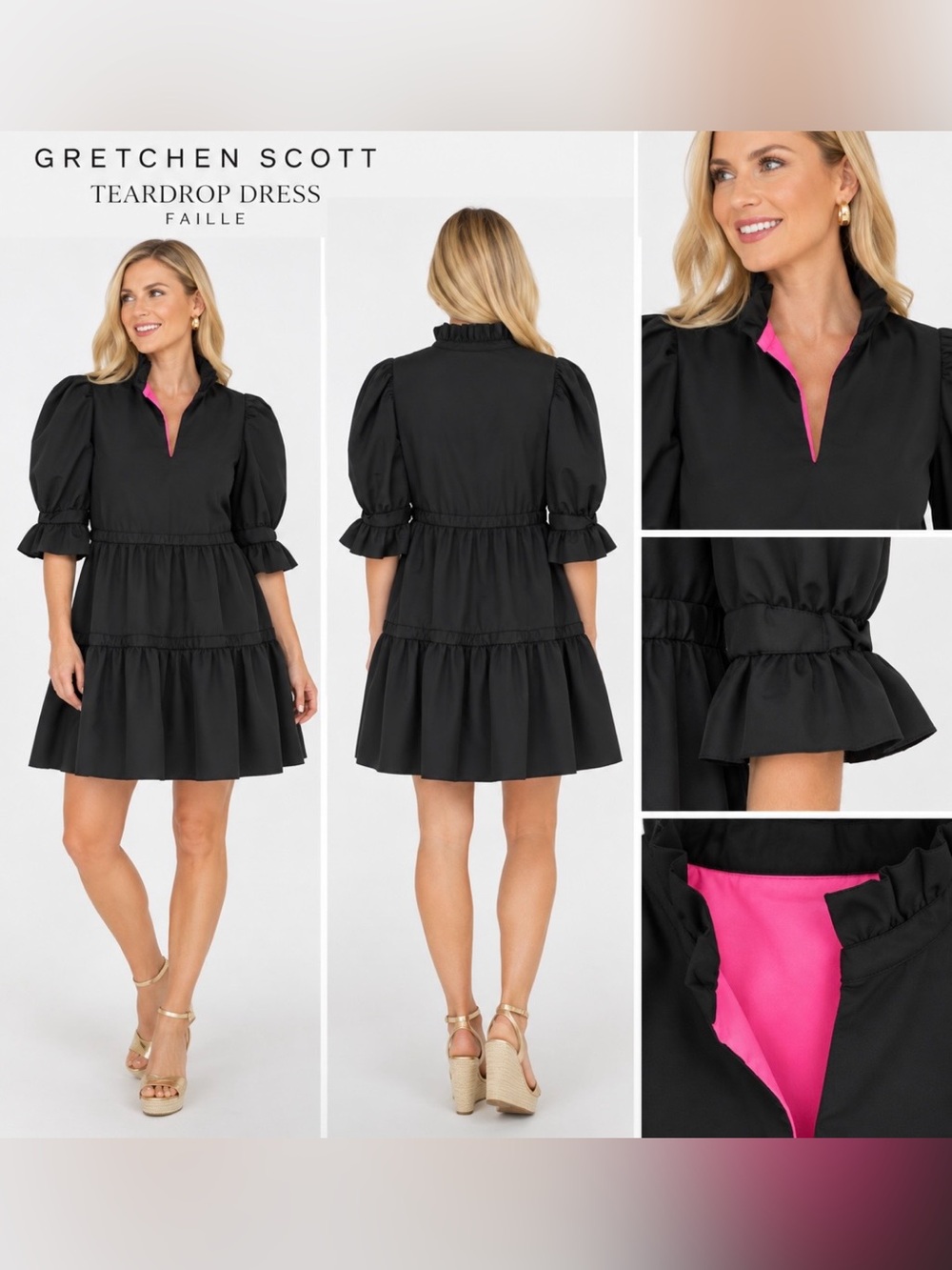 Gretchen Scott Designs Teardrop Faille Dress in Black with Pink Trim